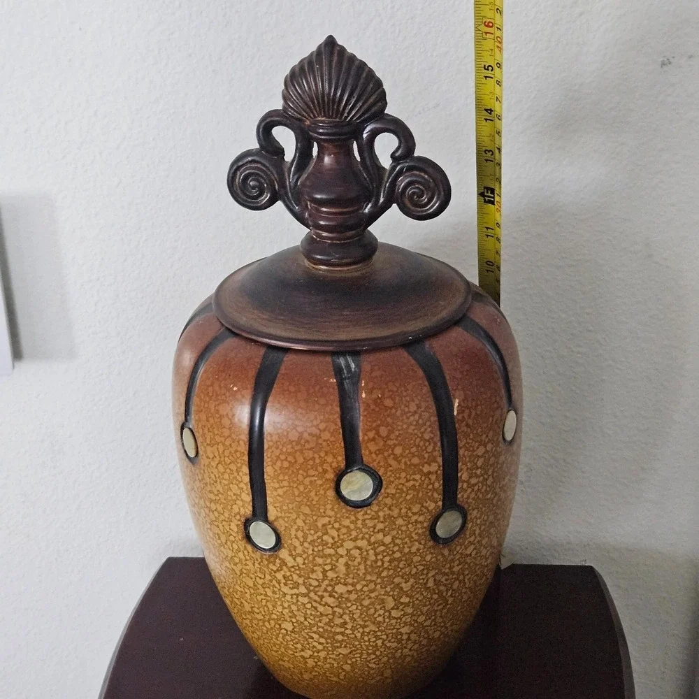 Brown Ginger Jar Decorative Urn Lidded Ceramic‎ Vase 16 inch Tall Decor Art